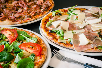 High angle view of pizza on table