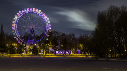 Illuminated ferris wheel against sky at night