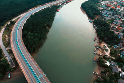 High angle view of bridge over lake in city