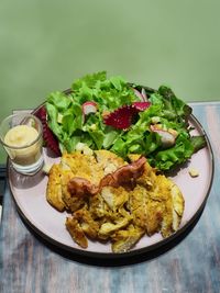 High angle view of food in plate on table