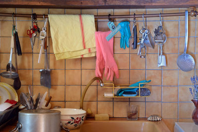 Clothes hanging in kitchen