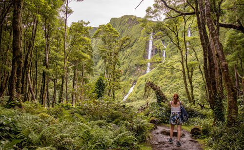 Woman in green vegetation, view to waterfall, at flores island, azores travel destination.