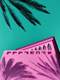 Low angle view of palm tree and building against sky