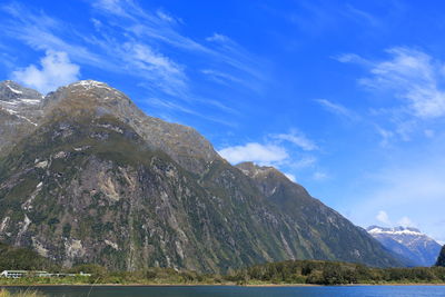 Scenic view of mountains and lake against blue sky