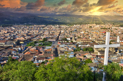 High angle shot of townscape against sky