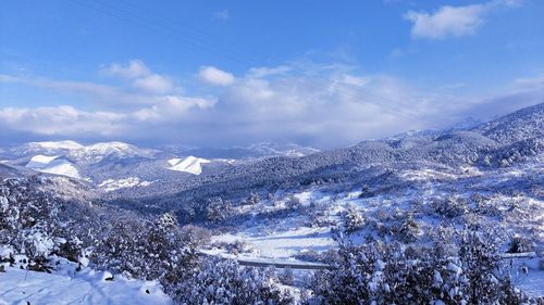 Aerial view of snowcapped mountains against sky