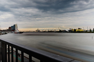 View of buildings by sea against cloudy sky