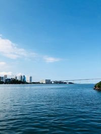 Sea by cityscape against blue sky