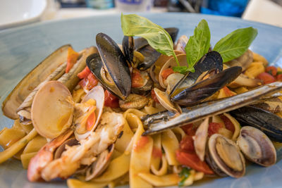 High angle view of seafood in plate on table