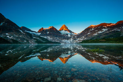 Scenic view of lake by mountain against blue sky