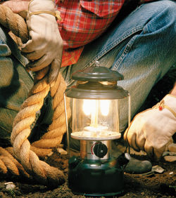 Man holding rope using gas lamp