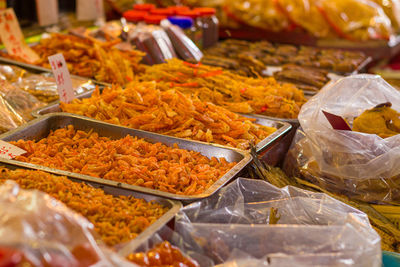 High angle view of food for sale at market stall