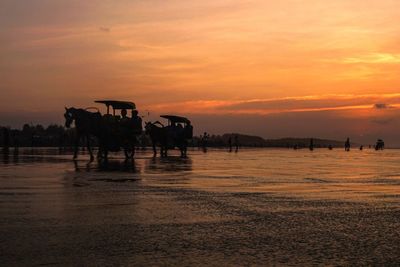 Silhouette horse carts at beach against sky during sunset