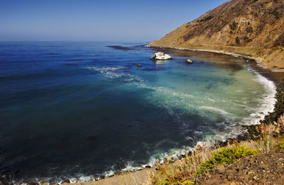 Scenic view of sea against clear blue sky