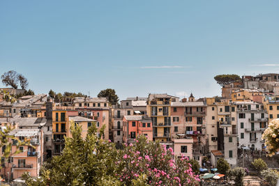 Buildings in town against clear sky