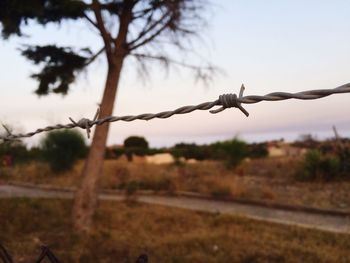 Close-up of barbed wire against sky