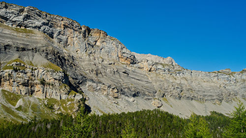 Low angle view of rocky mountains against clear blue sky