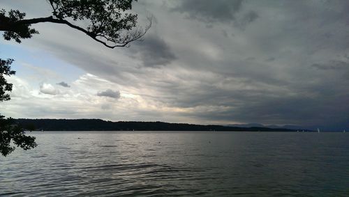 Scenic view of lake against cloudy sky