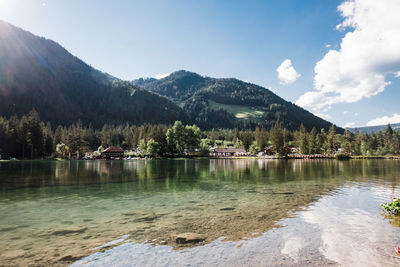 Scenic view of lake and mountains against sky