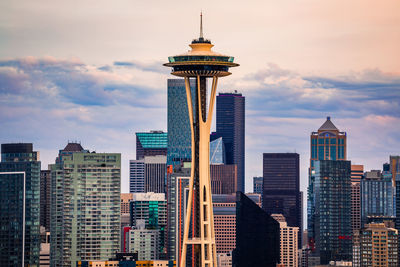 Low angle view of buildings in city against sky