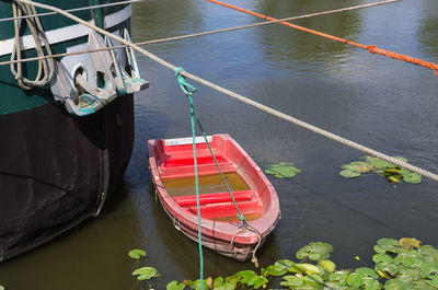 High angle view of boat moored in lake