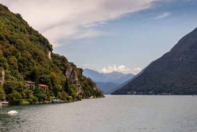 Scenic view of sea and mountains against sky