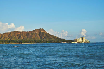 Scenic view of sea and buildings against sky