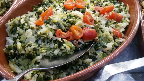 High angle view of chopped vegetables in bowl