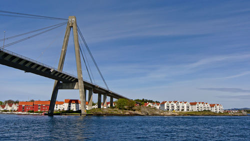 View of harbor by river against sky