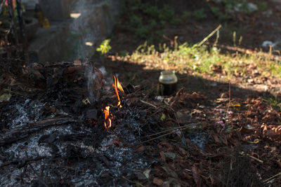 High angle view of bonfire on field