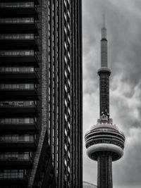 Low angle view of cn tower from the blue jays way