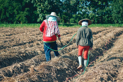 Rear view of people working in farm