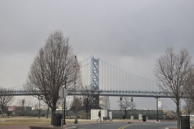 Bare trees in city against clear sky