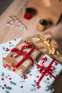 High angle view of christmas ornaments on table