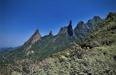 Scenic view of mountains against clear blue sky