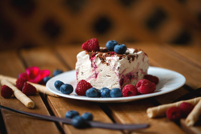 High angle view of dessert in plate on table