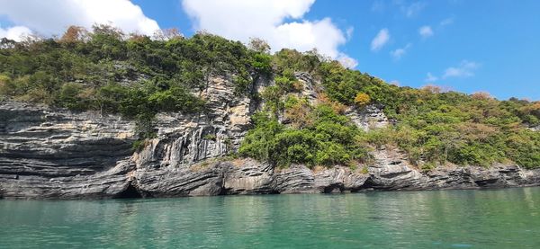 Scenic view of rocks in lake against sky