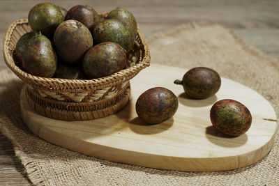 Close-up of fruits in basket on table