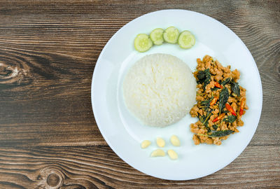 High angle view of breakfast served on table