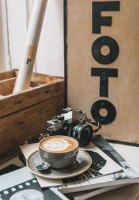 High angle view of objects on table