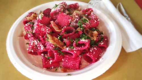 High angle view of salad in plate on table