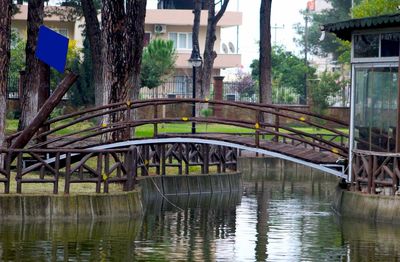 Bridge over lake against trees