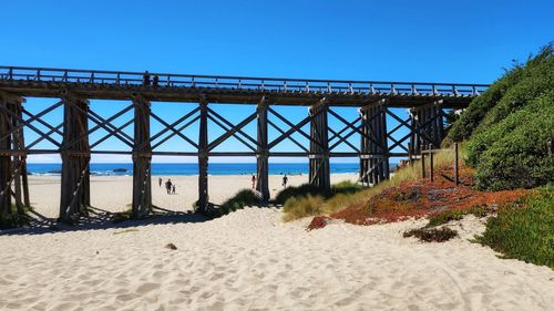 Pudding trestle bridge. people heading for pudding creek beach on a beautiful blue day.