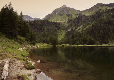 Scenic view of lake and mountains against sky