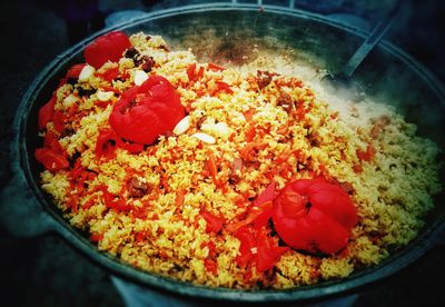 High angle view of meat in bowl