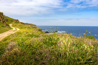 Scenic view of bay against sky