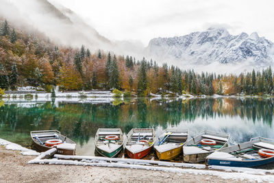 Scenic view of lake by trees against mountains