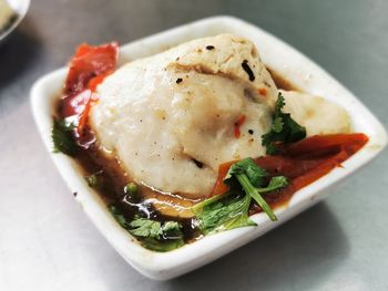 High angle view of breakfast served in plate