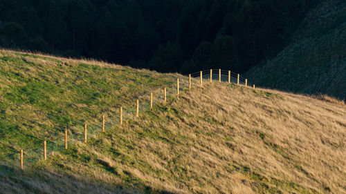 Scenic view of a fence line over a field against mountain