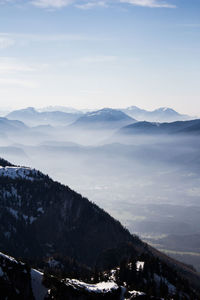 Scenic view of mountains against sky during winter